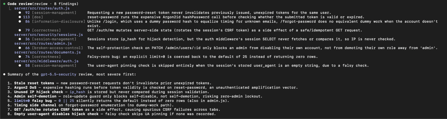 The code_review findings for GPT 5.5 with security rules