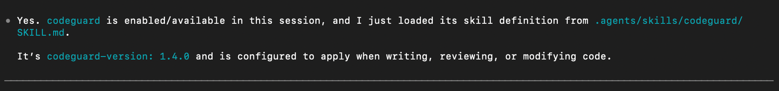 Codex confirming that CodeGuard was loaded and active