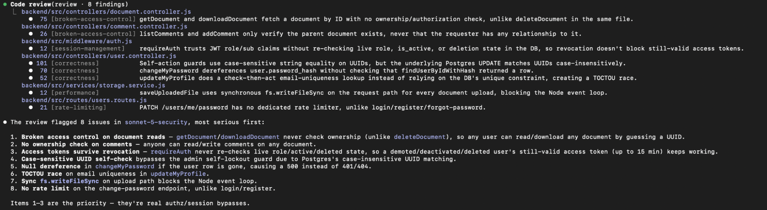 The code_review output for Sonnet 5 with security rules
