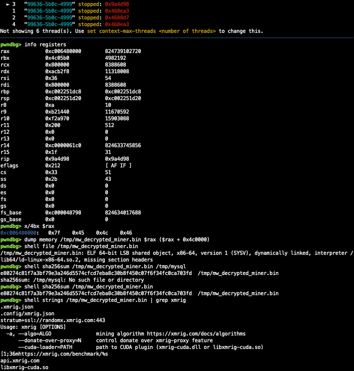 Excerpt from a pwndbg session showing the unpacked miner being dumped from memory (click to enlarge)
