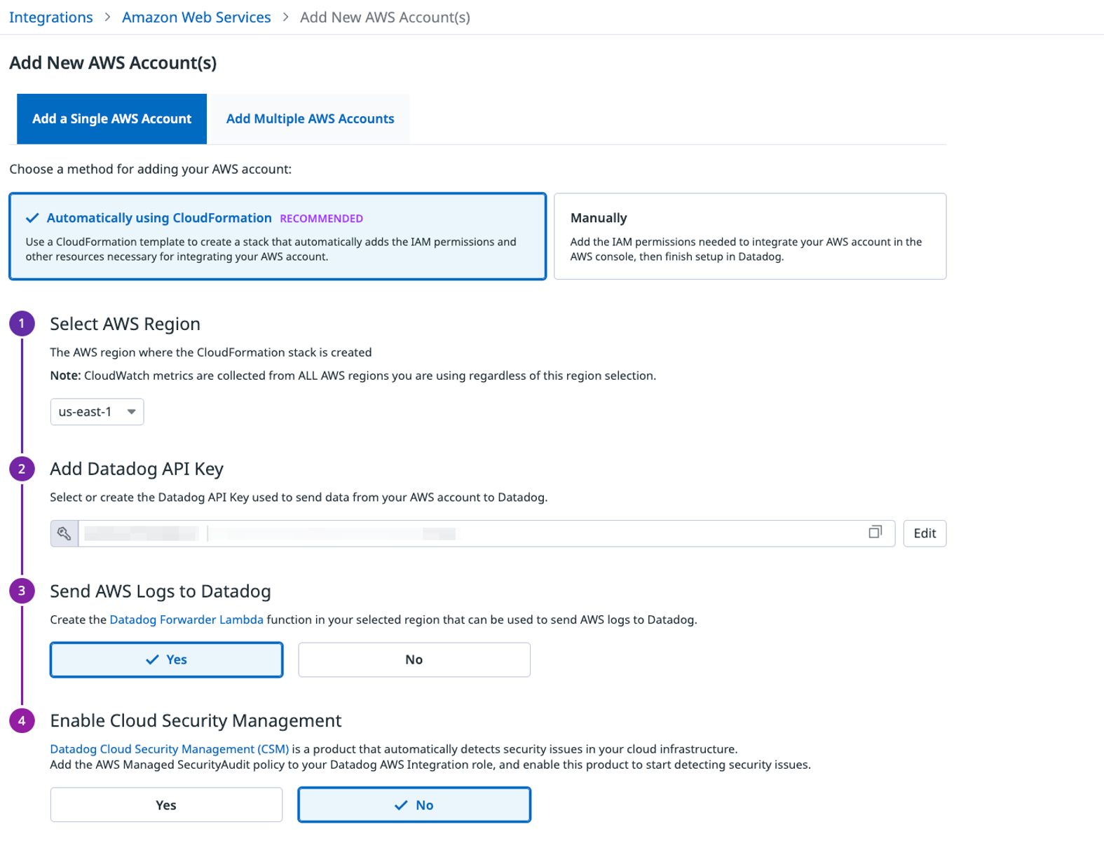 When setting up a new AWS integration, you can selectively turn on product features that will provision an IAM role with different permissions (click to enlarge).