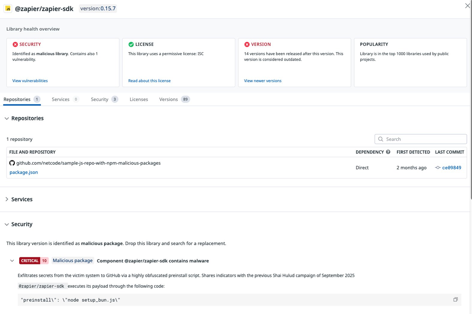 Datadog Code Security identifying a malicious npm package linked to Shai-Hulud 2.0 (click to enlarge)