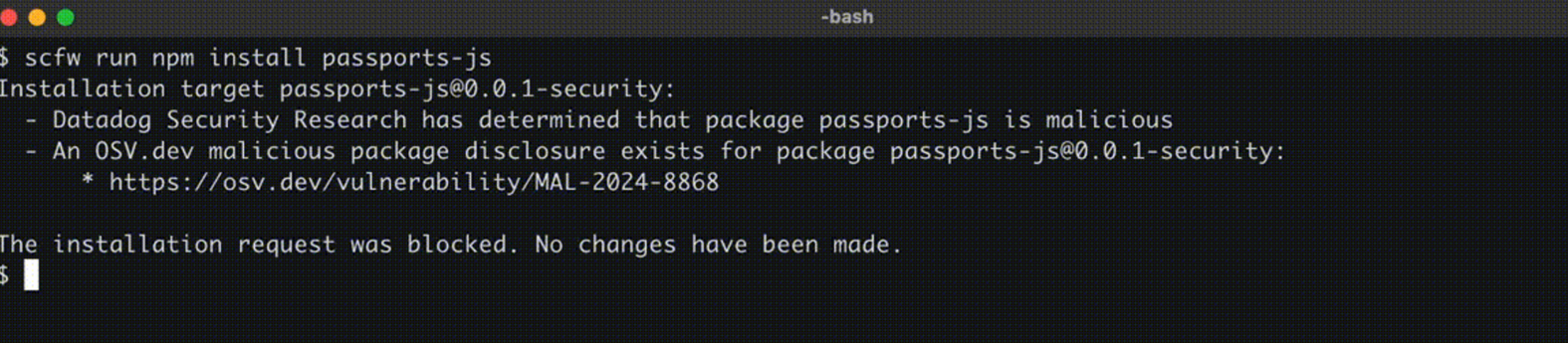 SCFW transparently blocking a known malicious npm package (click to enlarge)