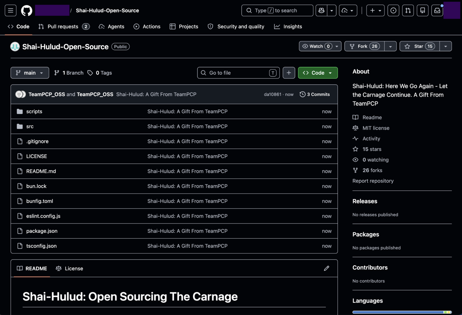 GitHub repository overview showing the Shai-Hulud-Open-Source project structure and metadata (click to enlarge)