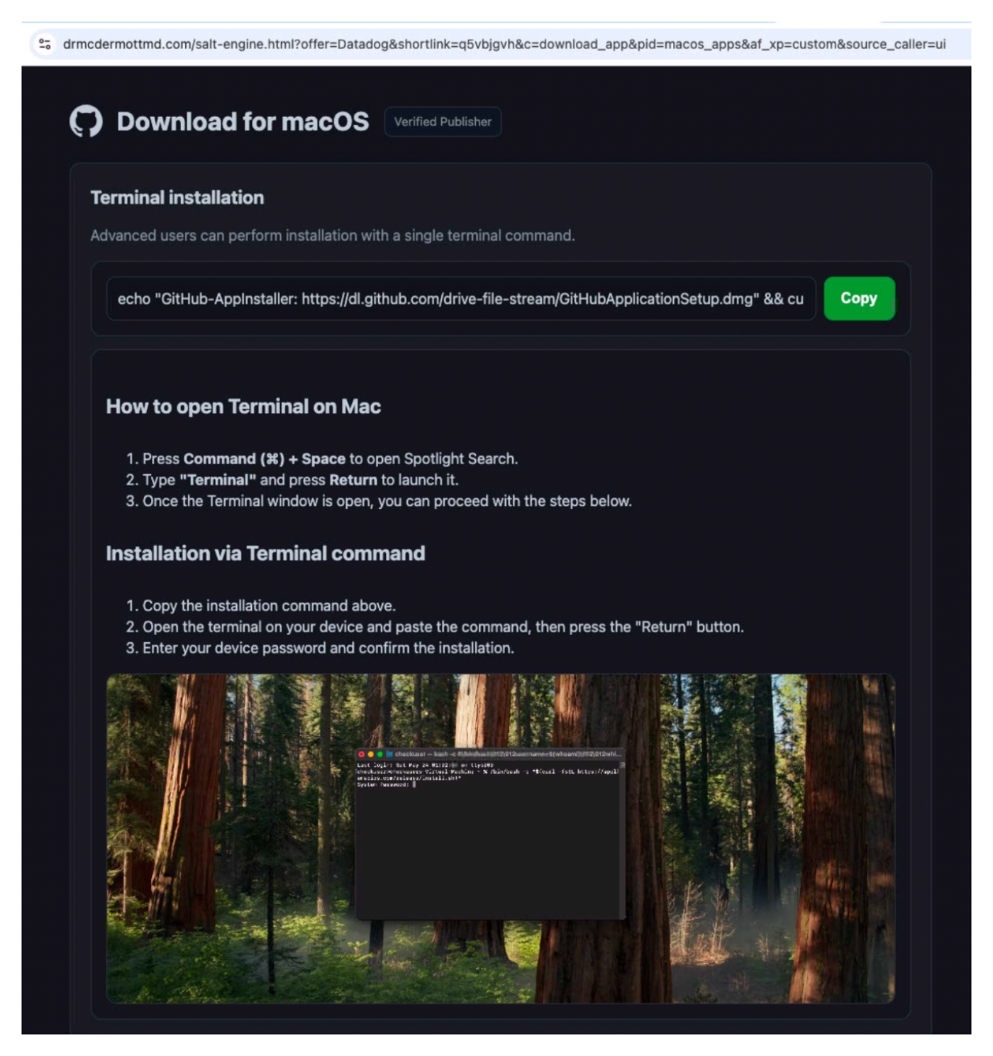ClickFix landing page mimicking GitHub's interface (click to enlarge)