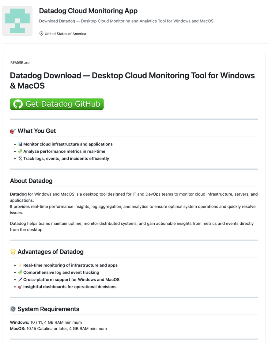 Fake Datadog Desktop App GitHub repository (click to enlarge)