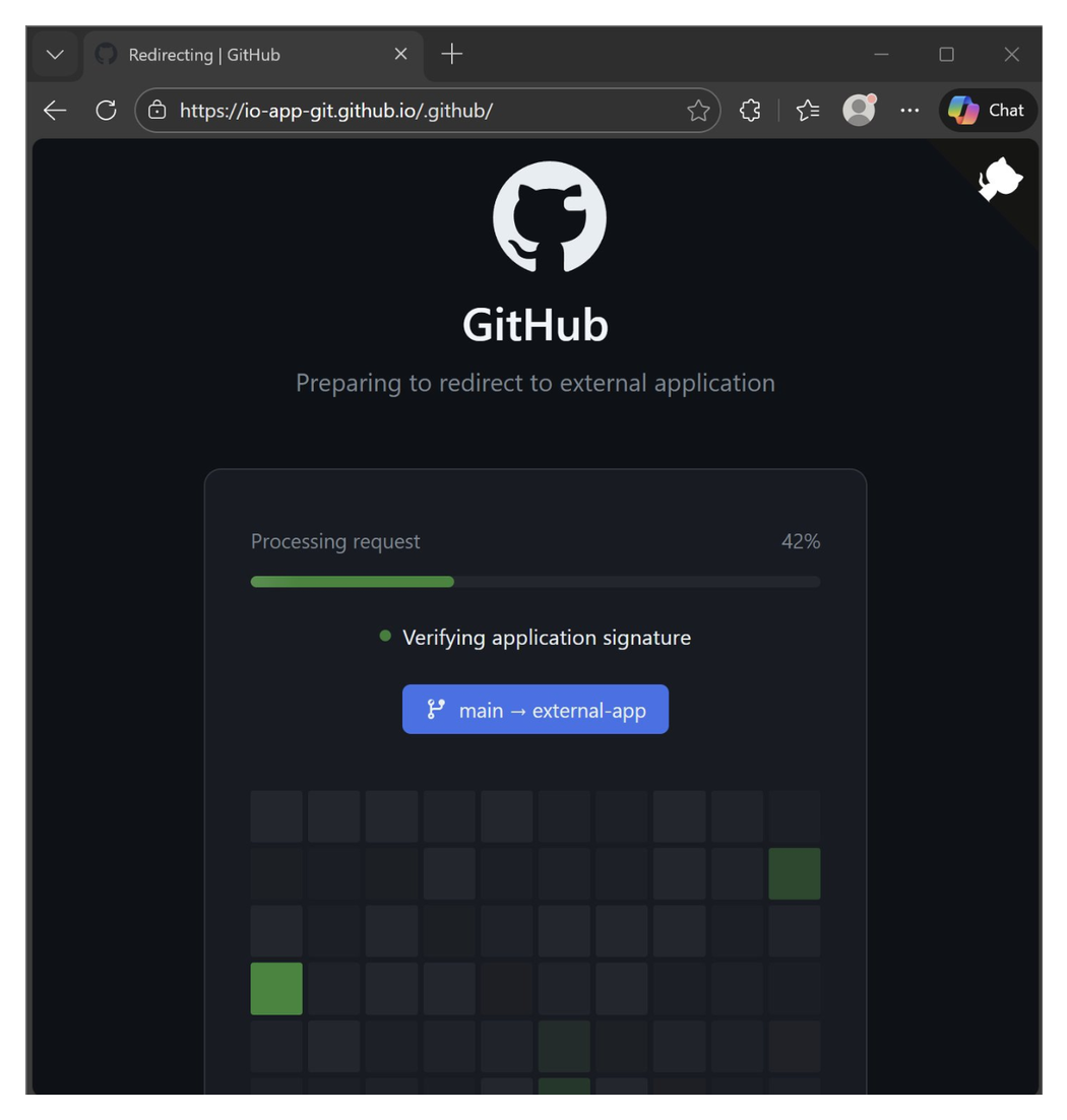 Fake GitHub redirect page with loading animation (click to enlarge)