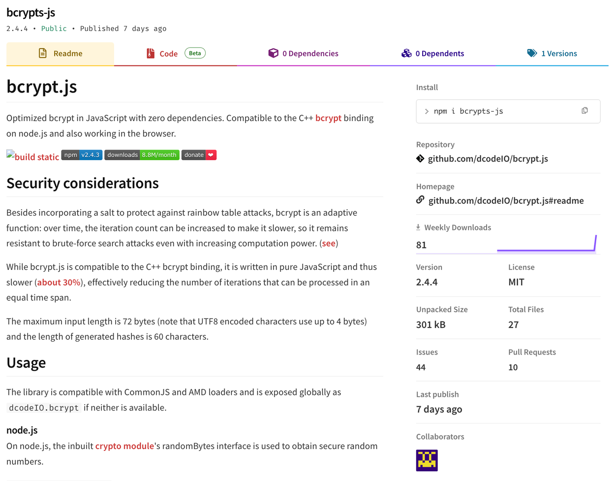 The npm page for bcrypts-js