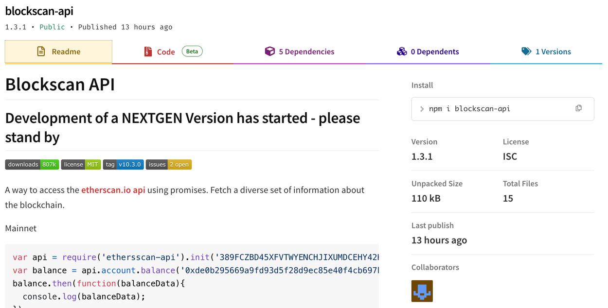 The npm page for blockscan-api
