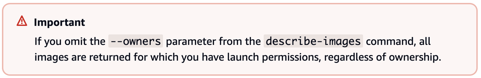 AWS warning about the risks of omitting the `owners` attribute in calls to the  `ec2:describeImages` API.