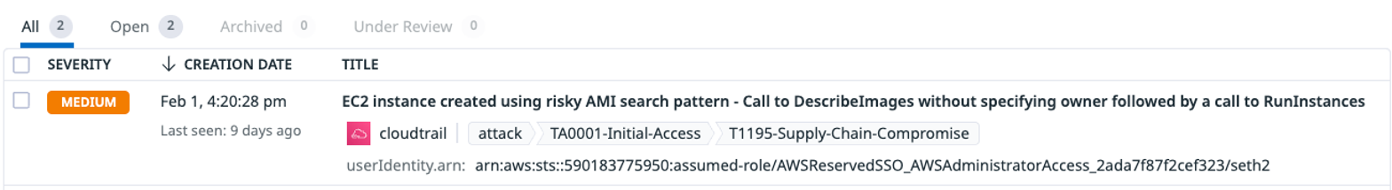 Example Cloud SIEM signal detecting the whoAMI attack.